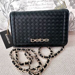 Bebe Taffy Crossbody Small Woven Chain Strap Bag Purse Clutch in Black  & Gold